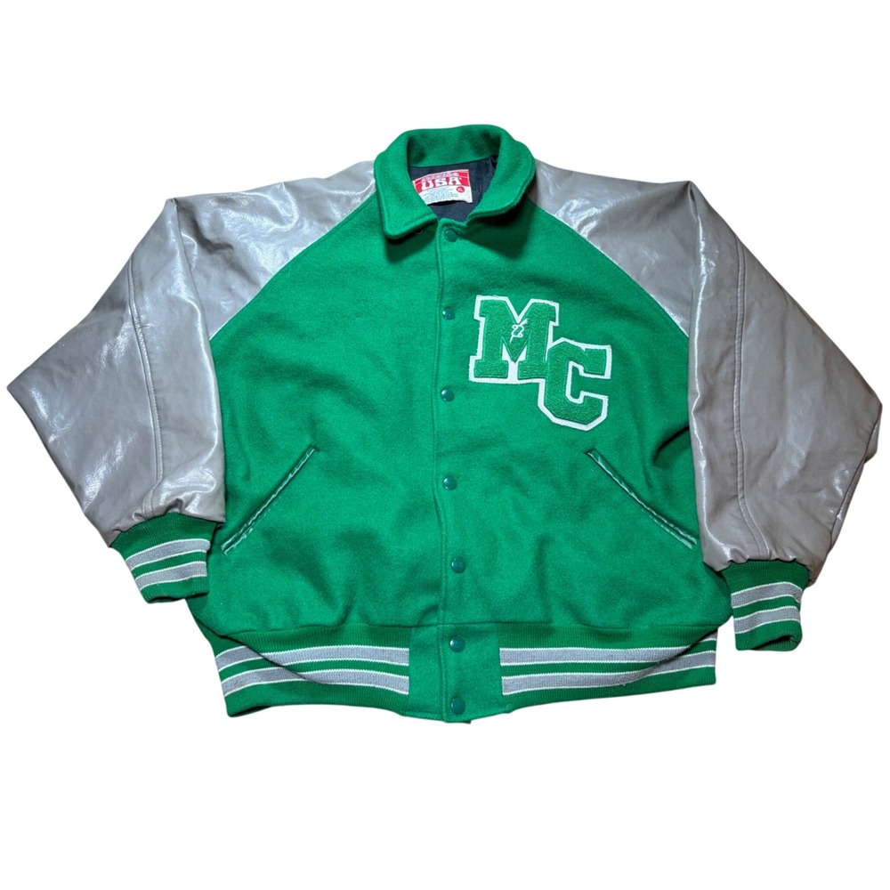 Awards USA Mens XL Varsity Jacket Green Wool Grey Vinyl Sleeves Made in USA MC